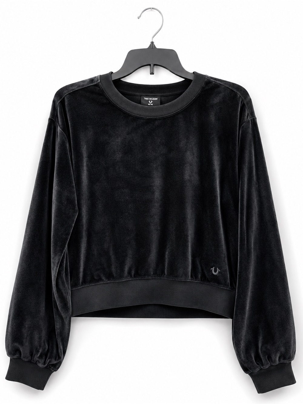 True Religion Black Onyx Velour Crew Pullover Sweatshirt M NWT